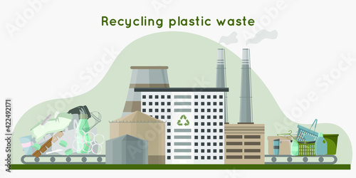 Recycling plastic waste into new products. Waste recycling plant with pipes, storage and building. Zero waste concept. flat vector illustration.