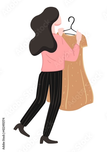 Shopping female character holding dress on hanger