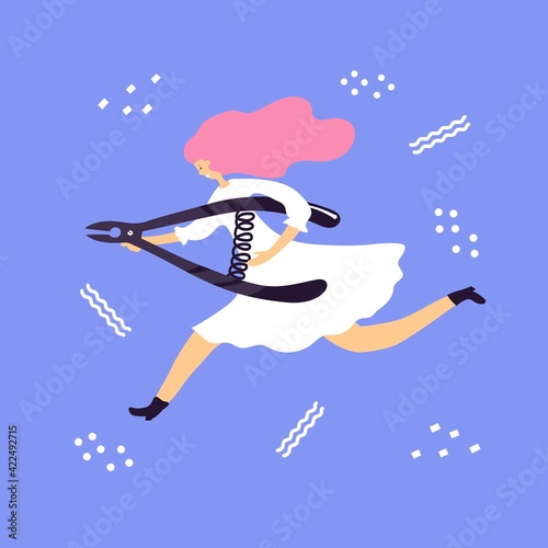 Girl running. Manicure process. Vector illustration. Beauty cabinet, parlor. Hand care. Love self. Nails specialist. Poster, print, sticker, card design. 