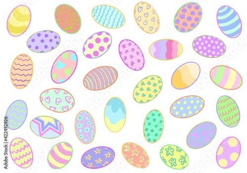 Hand drawn cartoon wallpapers with different multicolour Easter eggs. Pastel shades. Isolated on a white background.