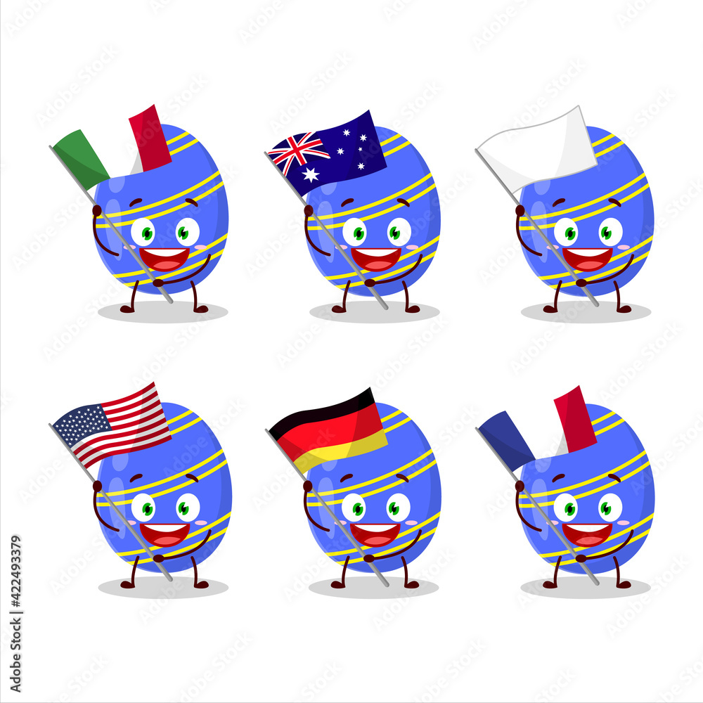 Blue easter egg cartoon character bring the flags of various countries