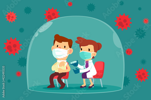 a man with face mask get vaccinated by doctor inside glass dome