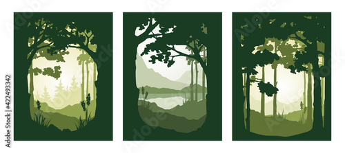 Fairy forest. Landscapes with mountains, trees, and pines. Nature in a frame of trees. Three vector illustrations.
