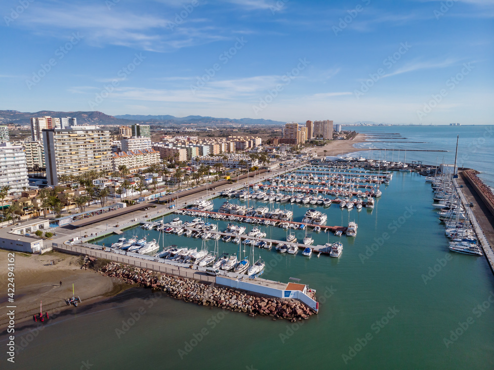 Marina Yacht club in the Mediterranean coast. Aerial view. Pobla de Farnals, Valencia, Spain. 