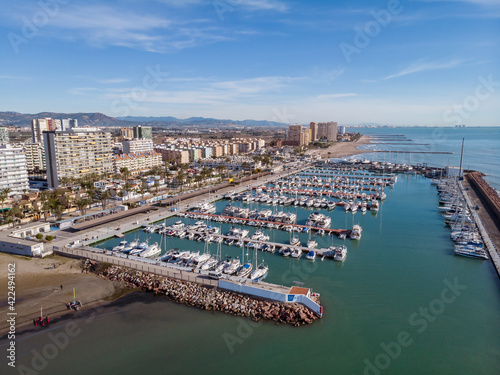 Marina Yacht club in the Mediterranean coast. Aerial view. Pobla de Farnals, Valencia, Spain.  photo