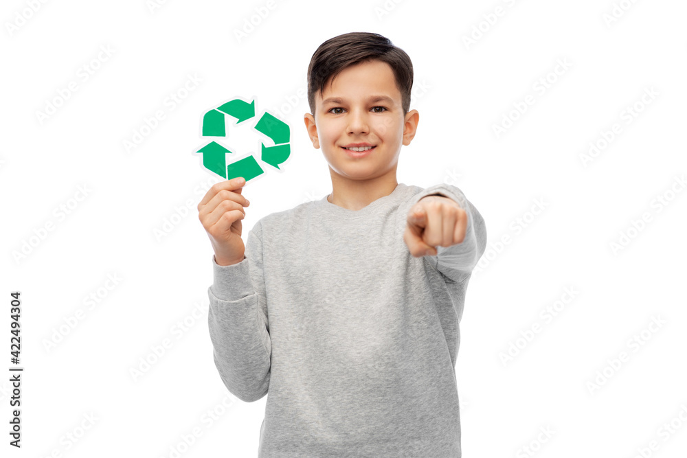 happy boy with recycling sign pointing to you happy boy with recycling sign pointing to you