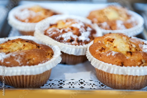 Delicious artisan desserts prepared in an Italian pastry shop. Selective focus