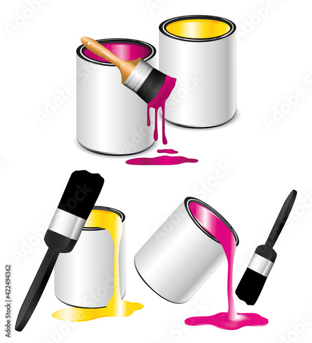 Paint buckets set with brushes. Vector icons. 