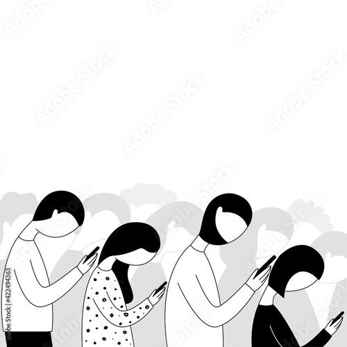 Nomophobia. Internet addiction. A crowd of people looking at their cell phones. 