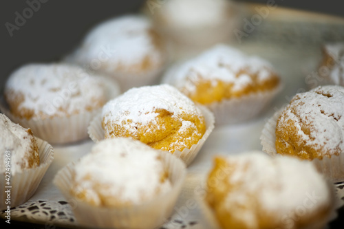 Delicious artisan desserts prepared in an Italian pastry shop. Selective focus