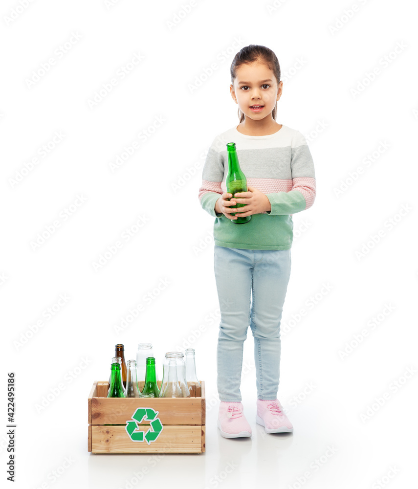 smiling girl with wooden box sorting glass waste smiling girl with wooden box sorting glass waste