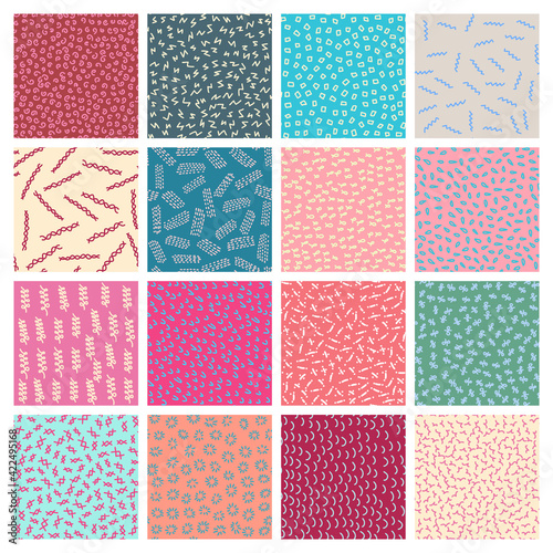 Abstract seamless pattern vector set with different hand painted elements in memphis style.