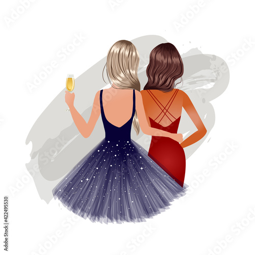 Pretty girl best friends wearing party dresses with champagne glass. Flat vector design.