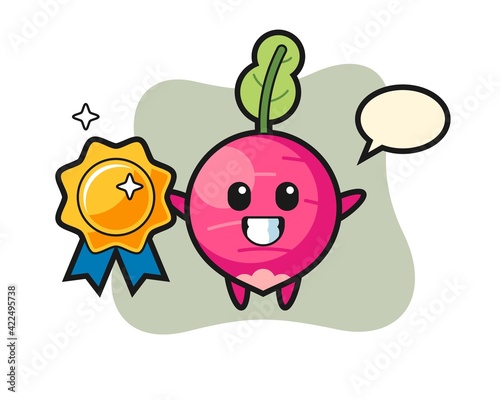 radish mascot illustration holding a golden badge