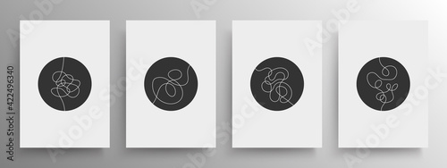 Set of minimalist abstract white continuous line art in the black circle for the design for cover and poster or wall decoration, vector.