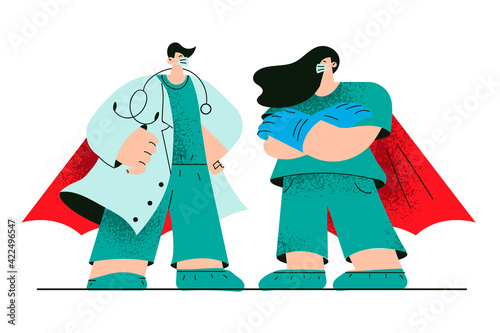 Superhero doctors working during COVID-19 pandemic concept