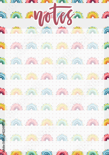 Cute A4 template for notes with lettering and hand drawn rainbows background. Vector print ready organizer and schedule with dotted page. Trendy self-organization concept illustration for 2021.