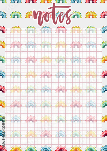 Cute A4 template for notes with lettering and hand drawn rainbows background. Vector print ready organizer and schedule with squared page. Trendy self-organization concept illustration for 2021.