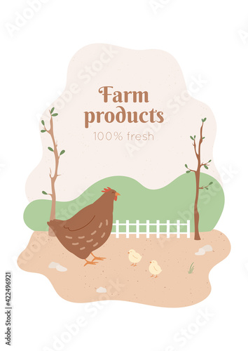 Farm products branding concept with poultry. Chicken with nestling walks on land field. Corral for livestock. Trees on an abstract background, hills, fence. Textured shapes and text, vector
