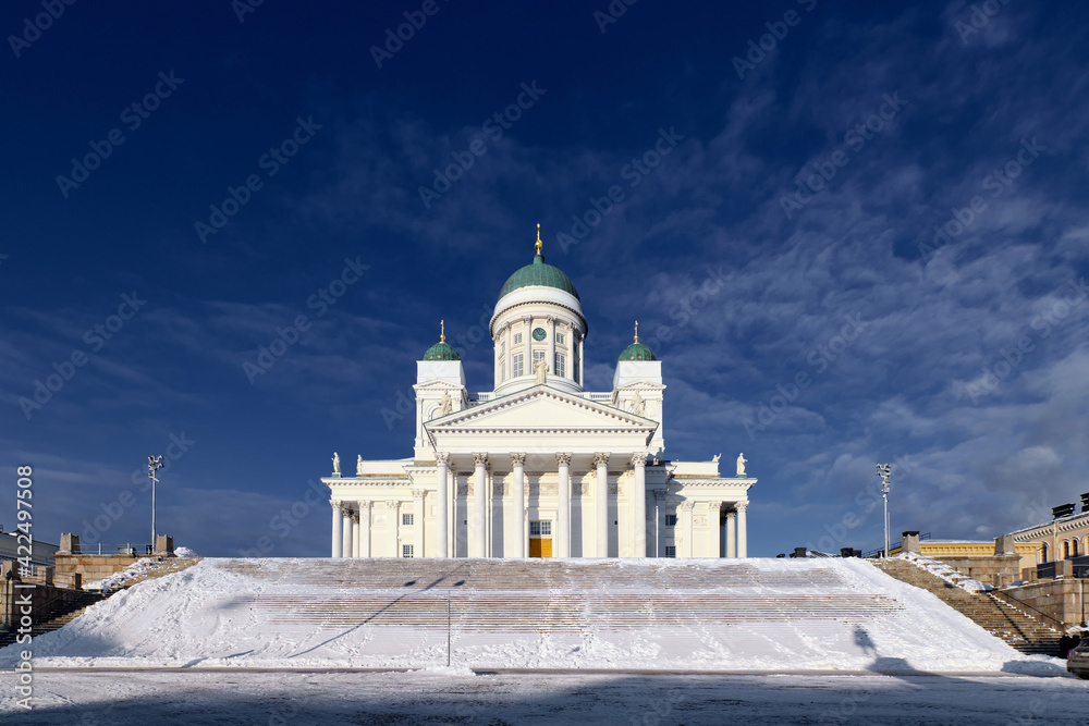Helsinki Cathedral on a sunny winter day is the most famous landmark in Finland.