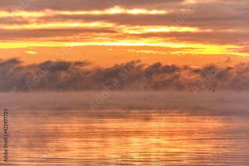 Obraz na płótnie Fog over the Baltic sea during a strong frost in the sunset. w salonie