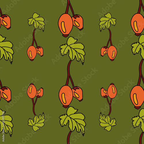 Rose hips seamless repeat vector pattern print background