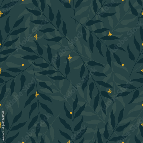 Seamless nature pattern with green leaves and yellow stars or fireflies. Flat vector illustration