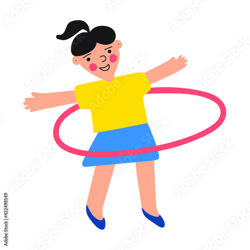 Cute girl spin hula hoop. Illustration on white background.