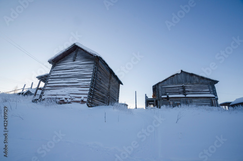 Peasant barns in the village of Kiltsa. Russia, Arkhangelsk region, Mezensky district 