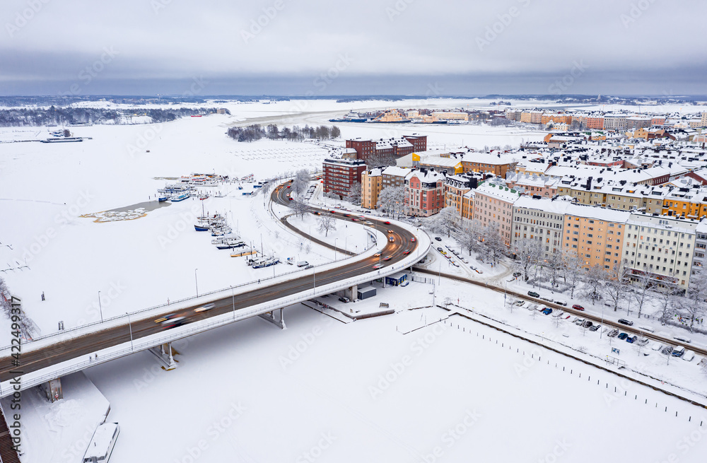 Aerial view of Kruununhaka central neighborhood of Helsinki. An amazing winter cityscape.