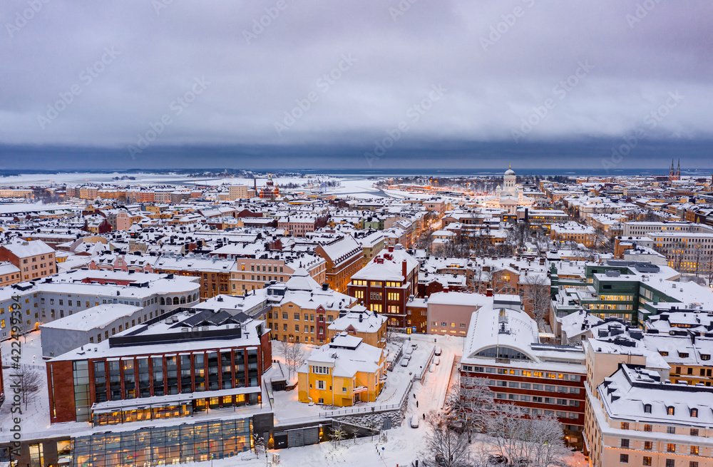 Aerial view of Kruununhaka central neighborhood of Helsinki. An amazing winter cityscape.