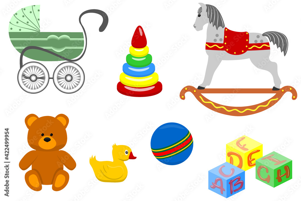 Naklejka premium set of children's colorful toys - horse, stroller, bear cub, cubes, pyramid, duck, ball