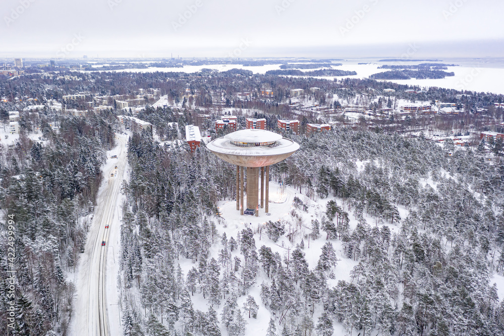 Aerial view of Matinkyla neighborhood of Espoo, Finland. Snow-covered city in winter.