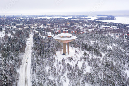 Obraz na płótnie Aerial view of Matinkyla neighborhood of Espoo, Finland. Snow-covered city in winter. w salonie