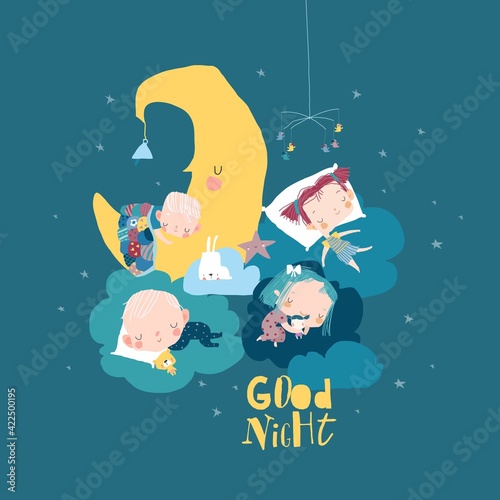 Cute cartoon children sleeping on clouds. Sweet dreams