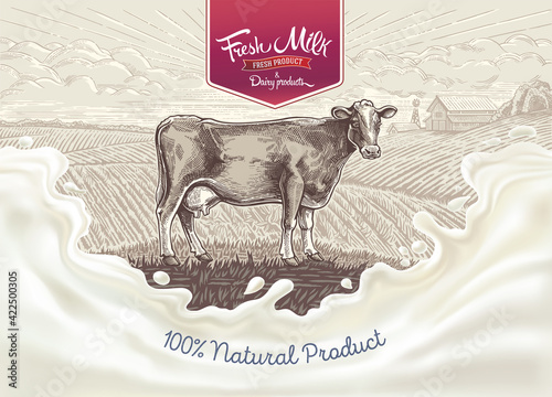 Cow, drawing in a graphic style, against the background of the rural landscape with farm, with a splash milk in the foreground.