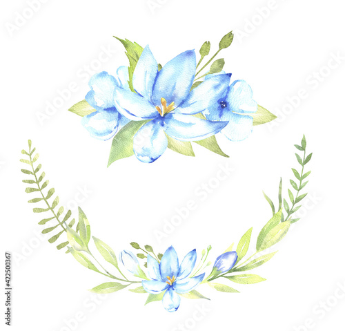 Watercolor floral illustration - leaves and branches bouquet with blue flowers and leaves for wedding stationary  greetings  wallpapers  background. Roses  green leaves. . High quality illustration