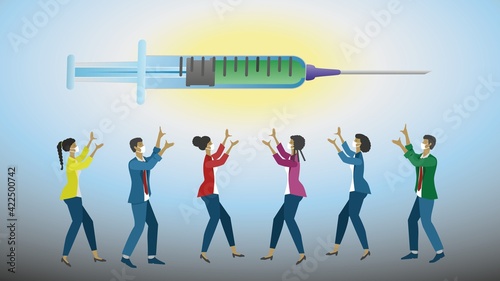 Everybody wants vaccine for Corona virus or other disease. Group of people reaching for syringe. Dimension 16:9. Vector illustration. EPS10.
