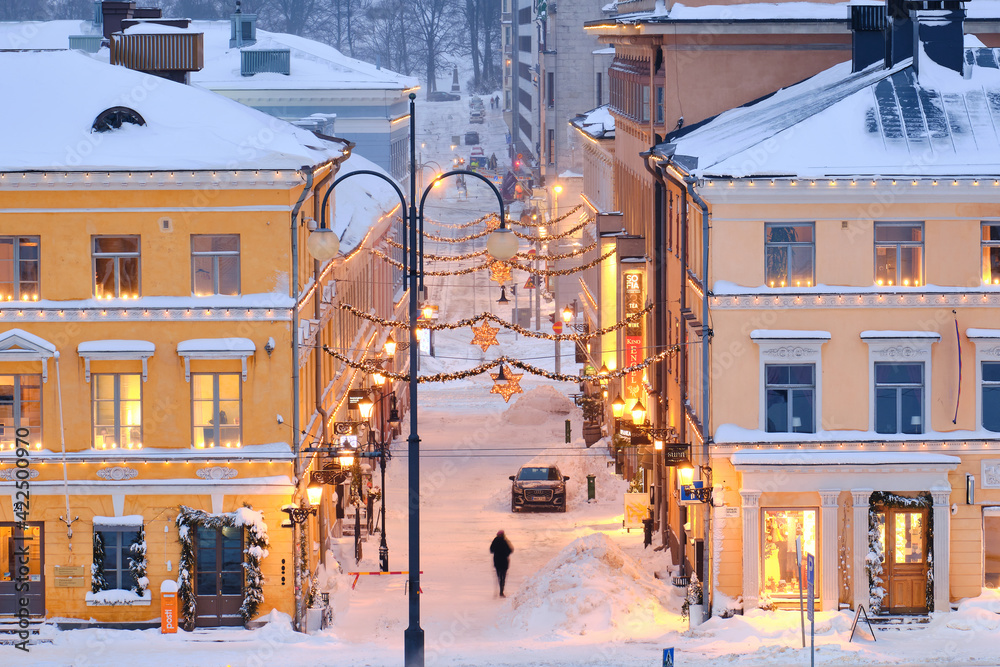 Helsinki, Finland - January 13, 2021: Sofiankatu street decorated for Christmas. One of the beautiful Christmas streets in Central Helsinki.