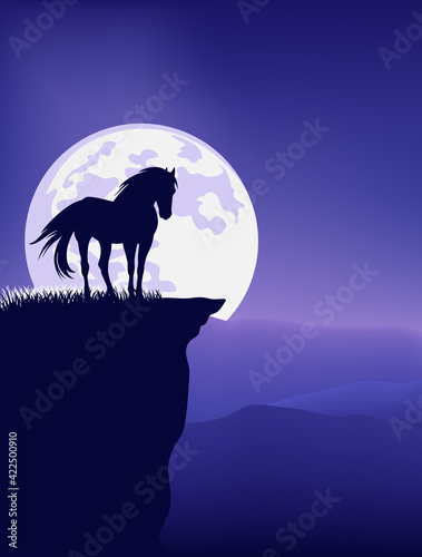 wild mustang horse standing at mountain cliff against full moon - fairy tale stallion silhouette and night landscape vector design