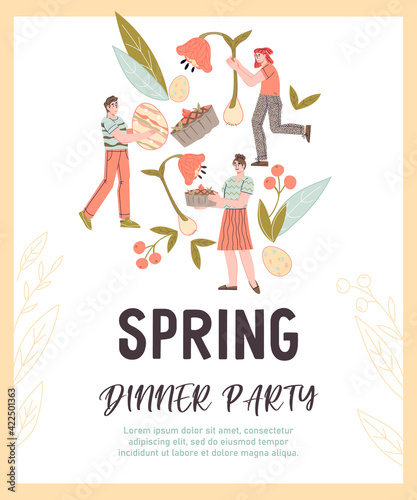 Spring dinner party invitation card or banner backdrop with people and flowers, flat vector illustration. Easter party or spring festive holiday event invitation poster template.