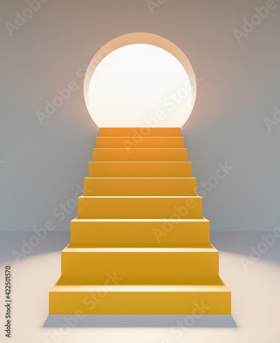 stairs in front with a round door illuminated