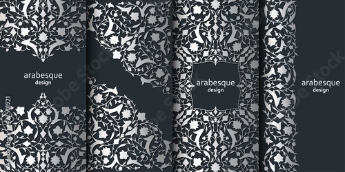 Set of vertical arabesque floral banners. Branches with flowers, leaves and petals