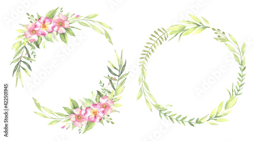 Watercolor floral illustration - leaves and branches frame with flowers and leaves for wedding stationary  greetings  wallpapers  background. Roses  green leaves. . High quality illustration