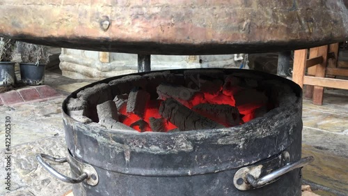 cauldron on open fire, cauldron over wood fire, Boiling cauldron over fire in Turkey