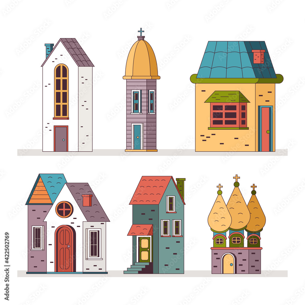 Cute cartoon old houses and building vector set isolated on a white background.