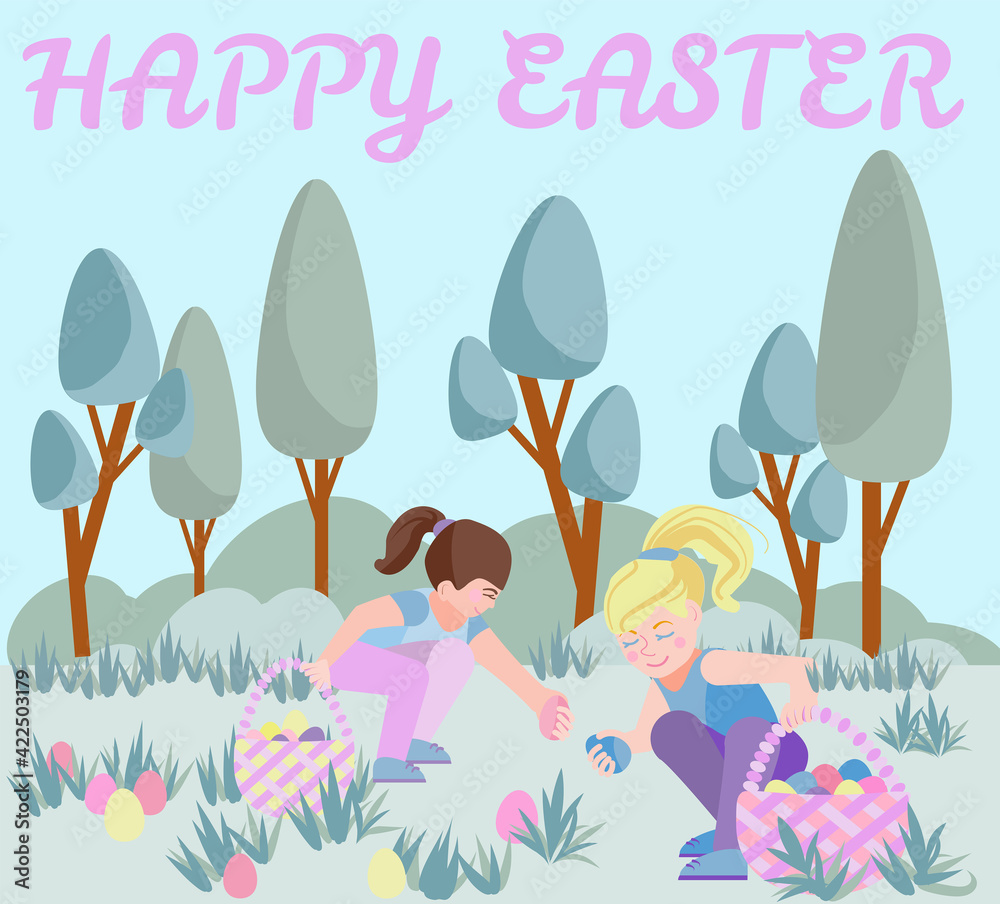 Easter card.  Cute little girls collect Easter eggs in baskets in the park. Search for holiday eggs. Vector drawing in a flat cartoon style. Inscription : Happy Easter