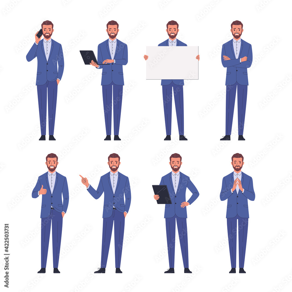 Business man positive emotions. Vector illustration of young adult smiling man in blue business suit who stands in different poses. Isolated on white 