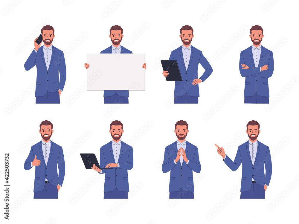 Business man positive emotions. Vector illustration of young adult smiling man in blue business suit who stands in different poses. Isolated on white Business man positive emotions. Vector illustration of young adult smiling man in blue business suit who stands in different poses. Isolated on white
