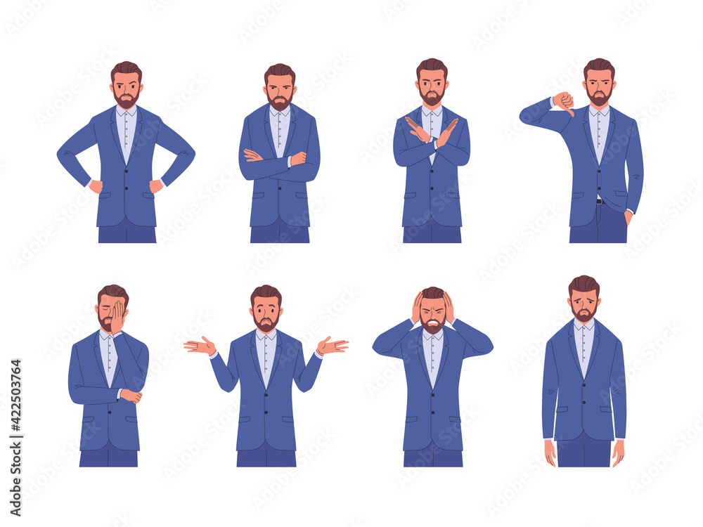 Businessman negative emotions set. Vector illustration of a young adult man in a blue business suit who shows various negative emotions and feelings by poses and gestures. Isolated on white Businessman negative emotions set. Vector illustration of a young adult man in a blue business suit who shows various negative emotions and feelings by poses and gestures. Isolated on white
